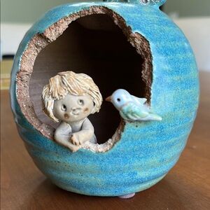Blue Ceramic Apple with Figurine